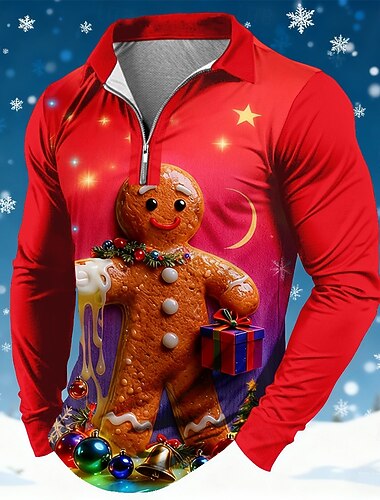  Jul Herre Pepperkakemenn Polo Langermet Poloskjorter Knaphul Fritid Ferie Dagligdagstøy Festivalantrekk 3D-utskrift Kvart zip-polo Vår Høst Vinter Rød Blå