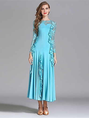  Dámské šaty s krajkovými detaily do společenského tance - áčkové šaty s dlouhým rukávem a volánky na soutěže, latinskoamerické a taneční akce - světle modré