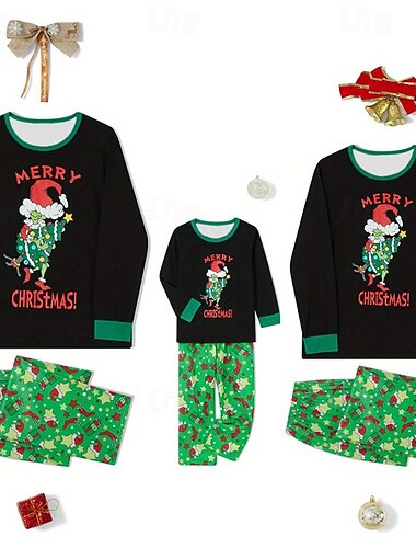  Familiestil Jul Julefamiliepyjamas Pyjamas Familiesett Grafisk Alv Hjem Trykt mønster Grønn Langermet Daglig Matchende antrekk