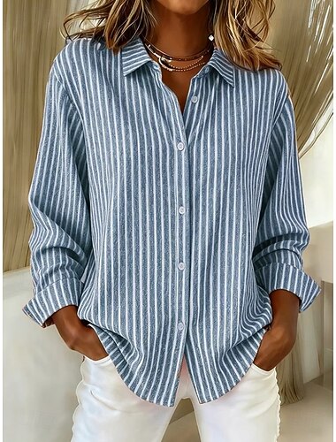  Dame Skjorte Bluse Stripet Årgang Stilfull Fritid Langermet Skjortekrage Vanlige topper Daglig Knapper Trykt mønster Rød Lysebrun Blå Oransje Grå Vår Høst Vinter