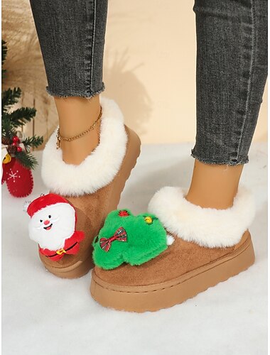 Kamelfargede julesnøstøvler til dame med nisse- og juletredesign - mykt pelsfôr, komfortable, avslappede fleecefôrede støvletter for høytider, hjemmeklær og julefester