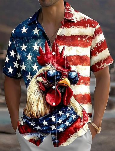  男性用 おんどり アメリカの米国旗 愛国 シャツ ボタンアップシャツ 半袖 ヴィンテージレトロ アウトドア 祝日 夏 春 折襟 3Dプリント 襟付きシャツ フロントポケット1つ 青赤