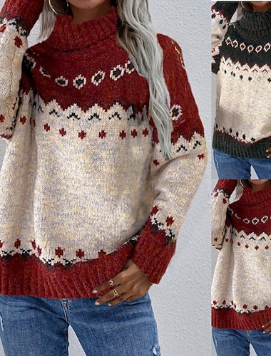  Dámské Vánoční svetr Fair Isle svetr Svetr Svetr Fair Isle Šik ven Na běžné nošení Geometrický Rolák Pletený Tisk Dlouhý rukáv Běžné topy Plést Denní Dovolená Jdeme ven Armádní zelená Rubínově červená