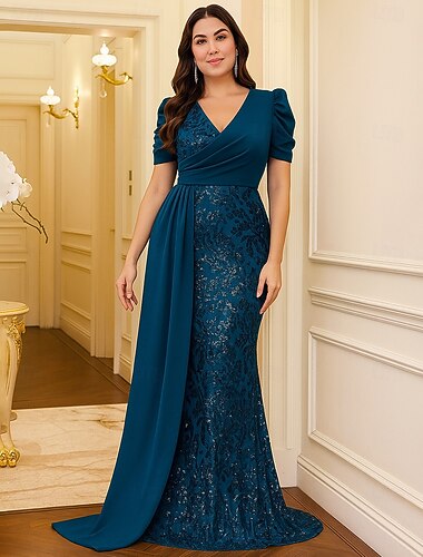  Åtsmitande Golvlång Formell klädsel Aftonklänning Klänning med overkjol Kortärmad V-hals Elegant Vintage Lyxig Polyester Klänning till brudens mor med Bård Paljett