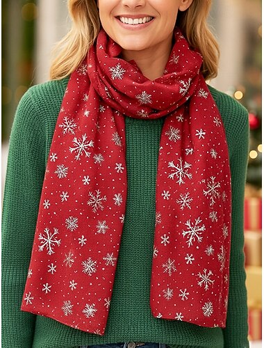 sciarpa natalizia da donna con fiocchi di neve, design festoso rosso e bianco con fiocchi di neve metallizzati, morbido materiale in poliestere, perfetta per le feste e per l'abbigliamento invernale   sciarpa natalizia da donna con fiocchi di neve, design festoso rosso e bianco con fiocchi di neve metallizzati, morbido materiale in poliestere, perfetta per le feste e per l'abbigliamento invernale