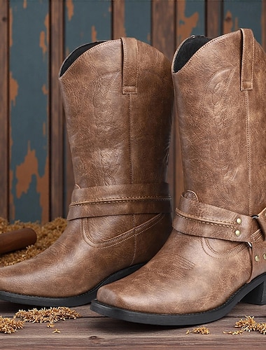  stivali da uomo in finta pelle marrone in stile western con cinturino: calzature eleganti e resistenti per eventi western e casual