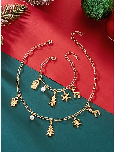  set di gioielli natalizi da donna, collana e bracciale color oro con ciondoli natalizi, accessorio festivo con albero e fiocco di neve &ciondoli a forma di bastoncino di zucchero come regalo &feste
