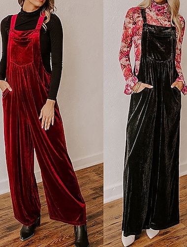  Per donna Tuta Attivo Tinta unica Senza Maniche Gamba larga Collo quadrato Tasca Vacanza Quotidiano Vestibilità comoda Nero Vino Autunno