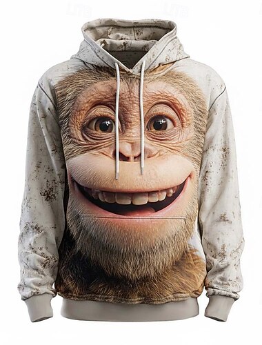 Homens 3D Macaco Moletom 3D Fantasia. Manga Longa Gola Redonda Streetwear Bandagem Presente Cinzento Escuro Cinzento Cinza 2 Com Cordão Outono Inverno Designer S M L XL XXL XXXL
