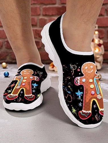  Herre juletøfler med pepperkakemotiv – morsomme julesko med pepperkakedesign, komfortabel slip-on-stil, perfekt for avslapning og uformelt vinterbruk