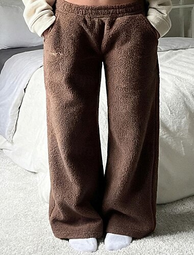  Damen Hosen Hose Elegant Mode Lässig Volle Länge Tiefer Bund Einfach Tasche Elastischer Bund Thermowarm Bequem Verdicken Mikroelastisch Outdoor Straße Täglich Hautfarbe Braun Herbst Winter Lässiger