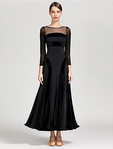  Gjennomsiktige ermer til ballroom-danse for kvinner - langermet A-linjekjole med fløyelsdetaljer for konkurranser, latin og dansearrangementer - svart