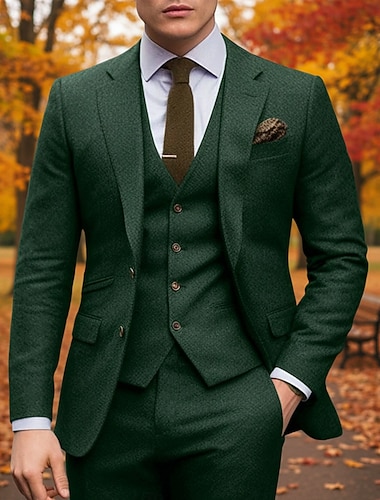  グリーンのメンズ ウェディング ツイード スーツ 無地 3 ピース レトロ ヴィンテージ プラスサイズ シングルブレスト 2 ボタン