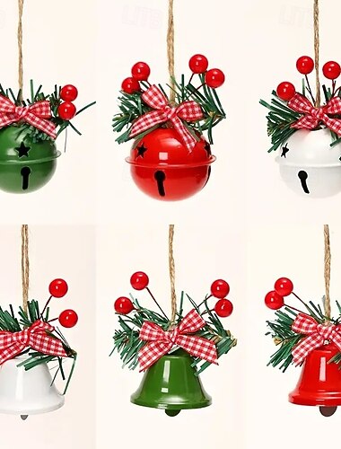  6 stk. juleklokkepynt – metallhengende dekorasjoner med røde bær og rutete sløyfer, perfekt til juletre, krans, vegg og dørdekorasjon