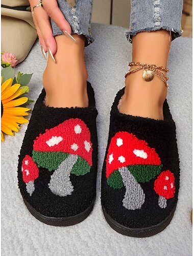  Γυναικείες άνετες μαύρες χνουδωτές παντόφλες με σχέδιο κόκκινου μανιταριού, βελούδινες παντόφλες για οικιακή χρήση και κρύο καιρό