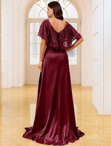  Γραμμή Α Μακρύ Επίσημο ένδυμα Βραδινή τουαλέτα Κοντομάνικο Λαιμόκοψη V Κομψό Βίντατζ Πολυτελές Πολυεστέρας Φόρεμα Μητέρας της Νύφης με Πούλιες