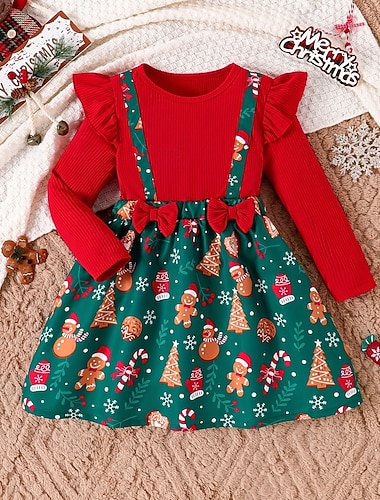  Kinder Mädchen Kleid Schneeflocke Emoji Langarm Outdoor Weihnachtsgeschenke Rüsche Mode Täglich Polyester Knielang Freizeitkleid Herbst Winter Ab 4 Jahren Rote