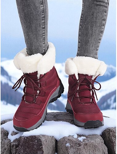  Women's Warm Fur Lined Lace-up Waterproof Snow Boots, Non-Slip Outdoor Hiking Winter Ankle Booties, Cozy Insulated Footwear for Cold Weather