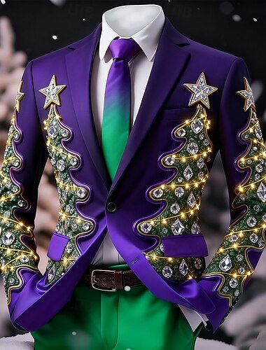  Jul Herre Juletre Blazer jakke Bekvem Kunstnerisk Fritid Festkveldsklær Daglig Festival Knapper Trykt mønster Vår Høst Vinter Med hakk Langermet Rød 1 Rød Blå