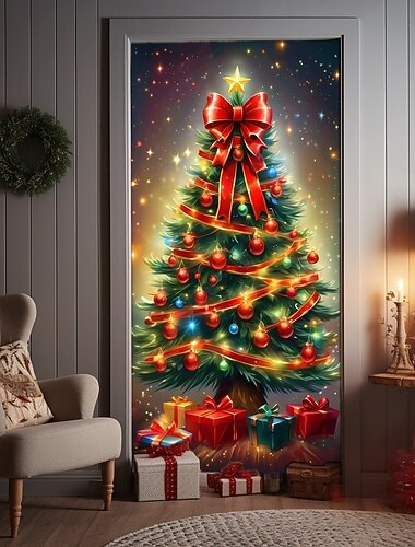 Housse de porte de Noël, rideaux de vacances avec motif d'arbre de Noël lumineux pour la maison, l'entrée, le salon, la chambre à coucher, la décoration intérieure et extérieure festive des vacances   Housse de porte de Noël, rideaux de vacances avec motif d'arbre de Noël lumineux pour la maison, l'entrée, le salon, la chambre à coucher, la décoration intérieure et extérieure festive des vacances