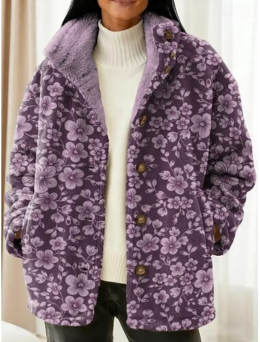  Dame Blazer Hold Varm Bekvem Knapper Årgang Mote Moderne Fritid Blomstret Feriereise Hjem Avslappet Daglig Kort Høy krage Normal Langermet Yttertøy Lysegrønn Lys Lilla Lilla Høst Vinter