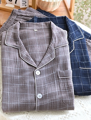  Ανδρικά Ρουχισμός Ύπνου Σετ Πυτζάμες Πιτζάμα Τοπ και Παντελόνι 1set Καρό Μοντέρνα Στυλάτο Κλασσικό Σπίτι Καθημερινά Κρεβάτι Βαμβάκι Άνεση Moale Αναπνέει Πέτο Μακρυμάνικο Πουκάμισο Παντελόνι