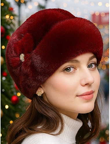 Cappello natalizio da donna in pelliccia sintetica con dettaglio di fiori e gemme, morbido design in peluche in più colori per le vacanze invernali   Cappello natalizio da donna in pelliccia sintetica con dettaglio di fiori e gemme, morbido design in peluche in più colori per le vacanze invernali
