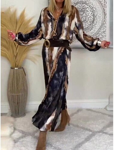  Damen Minikleid A Linie Kleid Lässig Täglich Lässiger Schnitt Gestreift Langarm Einkerbiger Ausschnitt Braun Frühling Herbst