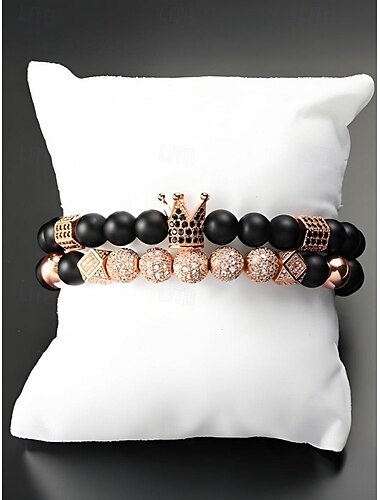  Pánský vánoční náramek s korálky ve tvaru koruny – stylové náramky z černých a růžového zlata s třpytivými krystaly – perfektní sváteční šperk pro muže