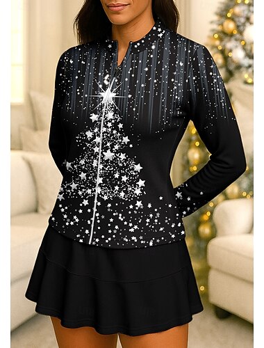  Noël Femmes Dégradé Arbre de Noël T-shirt de sport Chemise de tennis Haut de tennis manche longue Fermeture éclair Floral UPF50+ Résistant aux UV Haute élasticité Évacuation de l'Humidité Respirant
