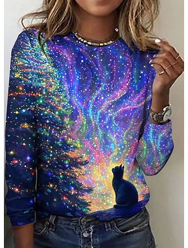 Weihnachten Damen T Shirt Grafik Tiermotiv Weihnachtsbaum Mode Lässig Langarm Rundhalsausschnitt Normale Oberteile Täglich Wochenende Druck Blau Gold Grün Sommer Frühling Herbst Winter   Weihnachten Damen T Shirt Grafik Tiermotiv Weihnachtsbaum Mode Lässig Langarm Rundhalsausschnitt Normale Oberteile Täglich Wochenende Druck Blau Gold Grün Sommer Frühling Herbst Winter