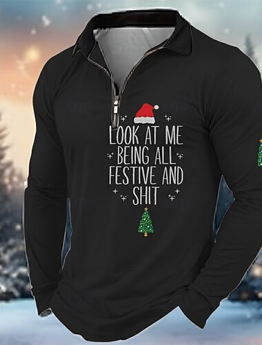  عيد الميلاد المجيد رجالي نص بولو ستايل كم طويل طوي الحديث كاجوال الرياضة & في الخارج كاجوال / يومي مهرجان سحاب طباعة ثلاثية الأبعاد الربيع الخريف الشتاء أسود أحمر أرجواني