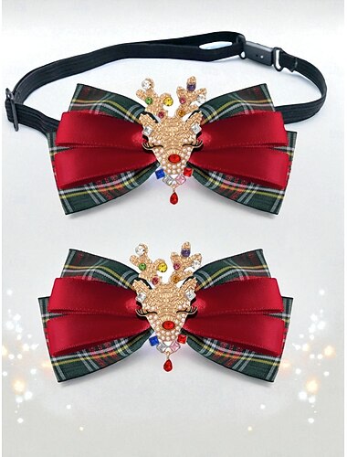 Set di papillon natalizio da donna con renna, fiocco di nastro scozzese rosso con ciondolo a forma di cervo con strass, elegante accessorio per le feste natalizie da donna & ragazze   Set di papillon natalizio da donna con renna, fiocco di nastro scozzese rosso con ciondolo a forma di cervo con strass, elegante accessorio per le feste natalizie da donna & ragazze