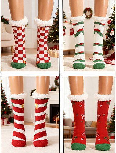  Γυναικεία σετ 4 ζευγαριών χριστουγεννιάτικων χνουδωτών κάλτσες για το σπίτι, ζεστές βελούδινες κάλτσες με επένδυση και ζεστές χειμωνιάτικες παντόφλες με τον Άγιο Βασίλη &εορταστικά σχέδια για δώρα