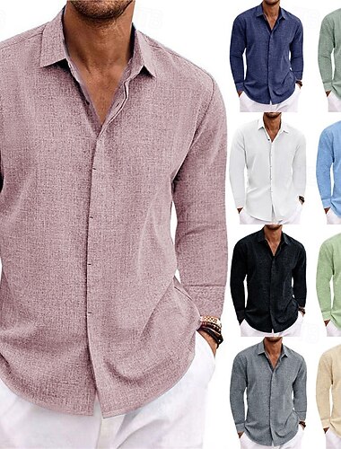  Herren Hemd Leinenhemd Sommerhemd Freizeithemd Strandhemd Knopfhemd Einfach Urlaub Lässig Schwarz Weiß Hellgrün Rosa Langarm Kragen Sommer Ganzjahres Bekleidung