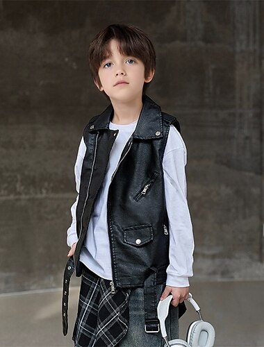 Детские Мальчики Черная кожаная куртка Жилет Жакет Верхняя одежда Полотняное плетение Длинный рукав Застегнуться ЗАЩИТА ОТ ВЛАГИ Защита от ветра Пальто Повседневные Мода На каждый день Черный   Детские Мальчики Черная кожаная куртка Жилет Жакет Верхняя одежда Полотняное плетение Длинный рукав Застегнуться ЗАЩИТА ОТ ВЛАГИ Защита от ветра Пальто Повседневные Мода На каждый день Черный