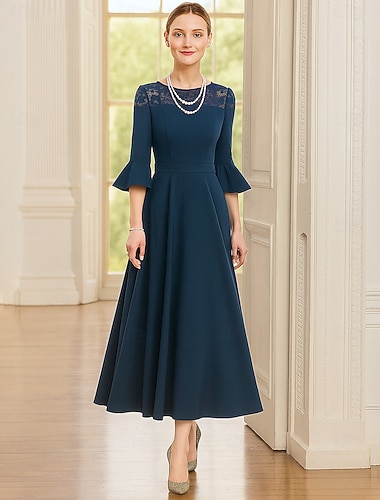  Corte A Hasta el Tobillo Vestido de Fiesta Vestido Cóctel Manga 3/4 Cuello Barco Elegante Formal Encaje Poliéster Vestido de Madrina con Encaje
