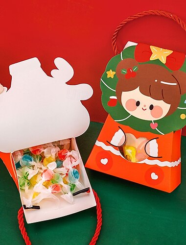  24 stk. julegaveposer til barn, julegaveposer med håndtak, papirgodteribokser med vindu, julegavebokser med klistremerker til barns vinterbursdag