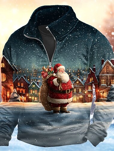  Новогодняя тематика Муж. Дед Мороз 3D Толстовка Спорт Мода На каждый день Длинный рукав Молния Дом Для вечеринок Офис Уличная одежда Синий 1 Синий 2# Застегнуться Осень Все сезоны Дизайнер S M L XL
