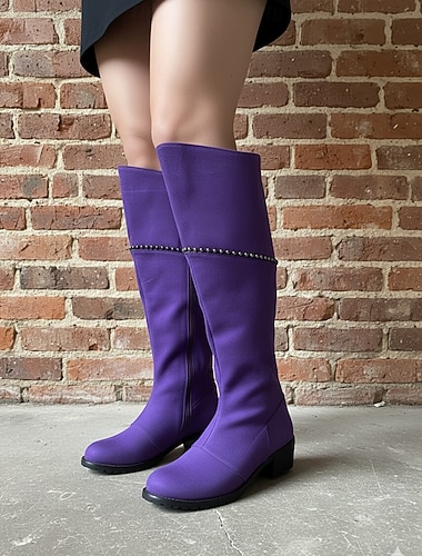 cizme mov de piele intoarsa pana la genunchi, cu fermoar lateral si detalii cu crampoane - incaltaminte casual eleganta pentru toamna si iarna   cizme mov de piele intoarsa pana la genunchi, cu fermoar lateral si detalii cu crampoane - incaltaminte casual eleganta pentru toamna si iarna