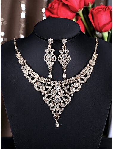  סט תכשיטי קריסטל ואבני חן לנשים למסיבת נשף - שרשרת כסף אלגנטית ועגילי טיפה, סגנון וינטג' זוהר לערב, נשף סיום &אירועים רשמיים