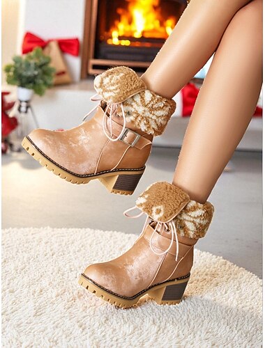  Women's Pink Fur-Lined Lace-Up Boots – Cozy Chunky Heel Winter Mid Calf Boots for Snow, Travel and Everyday Outfits