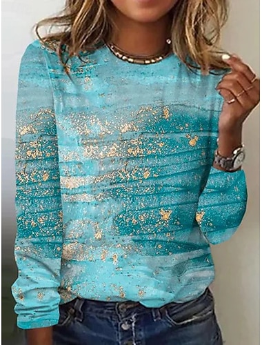  女性用 Tシャツ オンブル’ フラワー グラフィック ファッション カジュアル 長袖 クルーネック レギュラートップス 日常 週末 プリント ブルー ブラック ルビーレッド 夏 春 秋