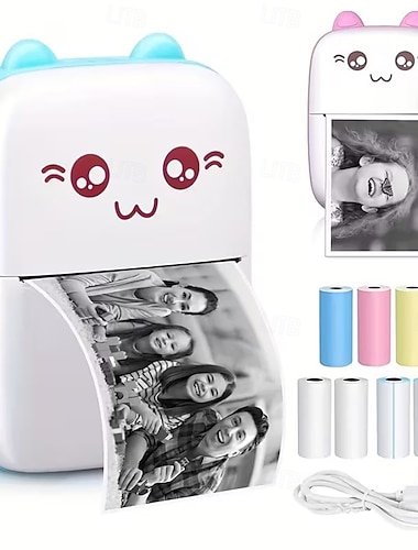  Novo design de gato adorável de 2025, impressão de fotos e etiquetas com carregamento USB de 200 dpi, inclui cabo USB e kit sem tinta, ideal para viagens e uso doméstico, impressão de fotos com