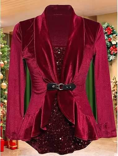  Jaqueta Casual de Veludo Feminina Confortável Respirável Patches Lantejoulas Elegante Casual Liso Natal Festa ao Ar Livre Convidada de Casamento  Noite Botão Único Regular Virada para Baixo Manga