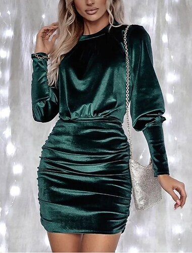  Kerstmis Dames Fluwelen Mini-jurk Sheath Jurk Elegante Feest Verjaardag Bruiloft Feest Bruiloft Gast Effen Kleur Lange Mouwen Crewneck Zwart Groen Lente Herfst Winter