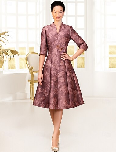  Krój A Lekko nad kolana Sukienka na imprezę Sukienka koktajlowa Sukienka rozkloszowana Rękaw 3/4 W serek Elegancja Impreza Formalny Spandeks Imitowany jedwab Poliester Sukienka dla matki panny młodej