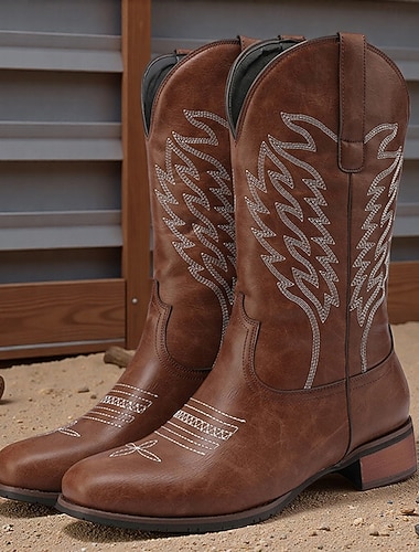  stivali da cowboy da uomo in finta pelle marrone in stile western con dettagli ricamati: calzature robuste ed eleganti per eventi country e western