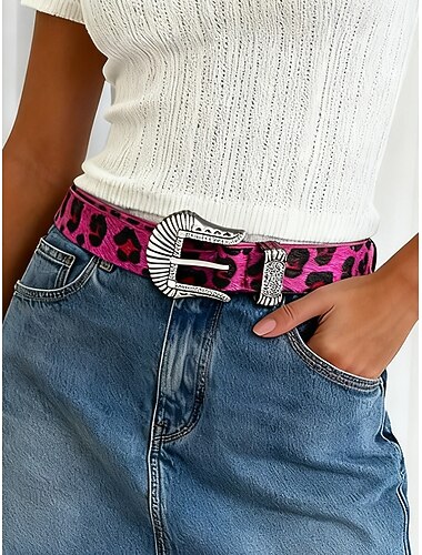  leopardprintbelte til dame med vintage metallspenne, stilig western cowgirl-midjetilbehør i flere farger, moteriktig retrobelte til jeans, kjoler og festantrekk
