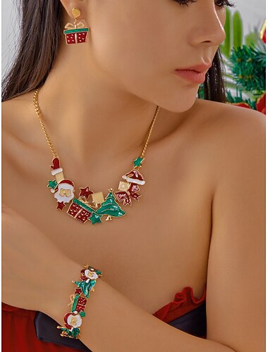  Julesmykkesett med julenissen for kvinner &treanheng, festlig gullkjede, øredobber &armbåndssett til høytidsfester &julegaver